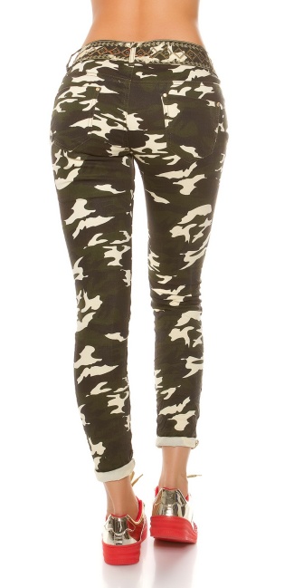 Trendy camo jeans met pailletten gebruikte used look leger-kleurig